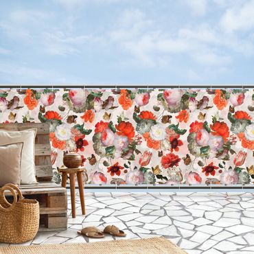 Balcony privacy screen - Red Flowers With Butterflies