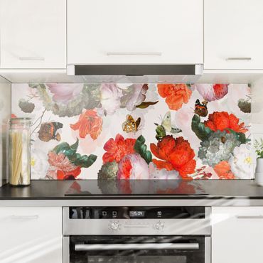 Splashback - Red Flowers With Butterflies - Panorama 1:1