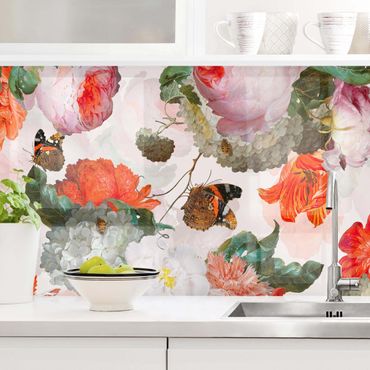 Kitchen wall cladding - Red Flowers With Butterflies