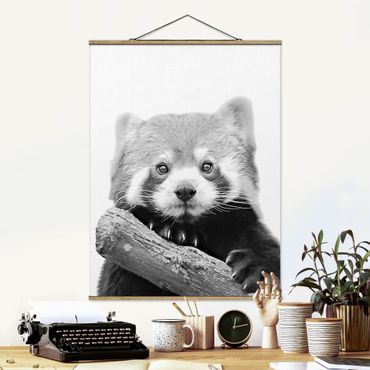 Fabric print with poster hangers - Red Panda In Black And White - Portrait format 3:4