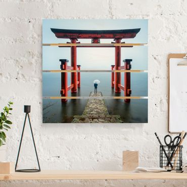 Print on wood - Red Torii At Lake Ashi