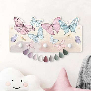 Coat rack for children - Butterflies Watercolour Pastel