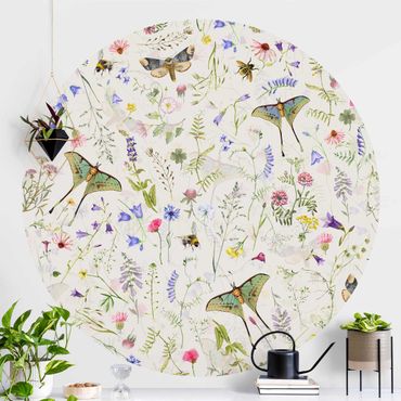 Self-adhesive round wallpaper - Butterflies With Flowers On Cream Colour