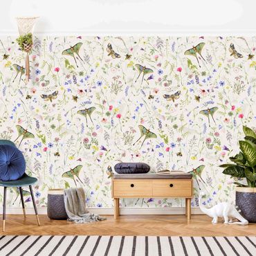 Wallpaper - Butterflies With Flowers On Cream Colour