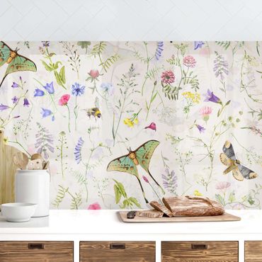 Kitchen wall cladding - Butterflies With Flowers On Cream Colour