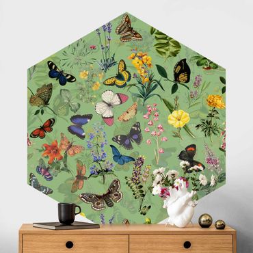 Self-adhesive hexagonal pattern wallpaper - Butterflies With Flowers On Green