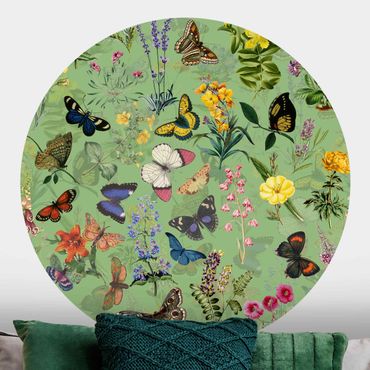 Self-adhesive round wallpaper - Butterflies With Flowers On Green
