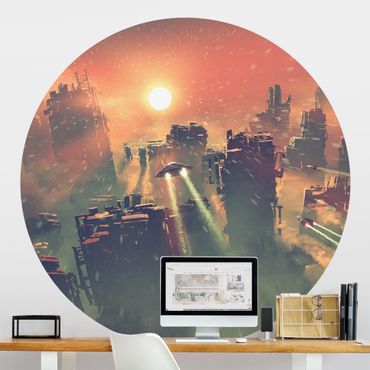 Self-adhesive round wallpaper - Sci-Fi Spaceships At Sunrise