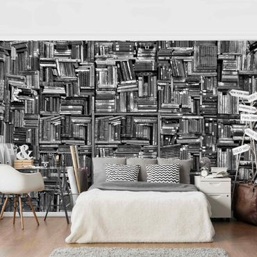 Wallpaper - Shabby Wall Of Books In Black And White