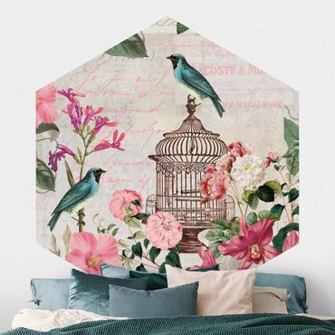 Self-adhesive hexagonal pattern wallpaper - Shabby Chic Collage - Pink Flowers And Blue Birds