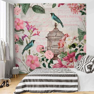 Wallpaper - Shabby Chic Collage - Pink Flowers And Blue Birds