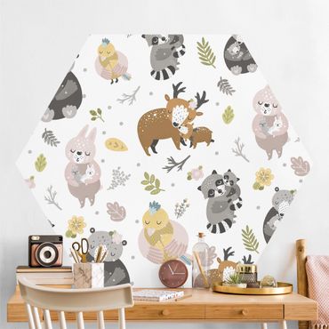 Self-adhesive hexagonal pattern wallpaper - Scandinavian Animal Family Hugging