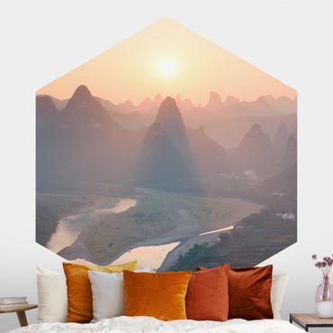 Self-adhesive hexagonal pattern wallpaper - Sunrise In Mountainous Landscape