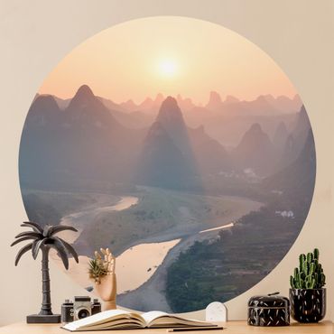 Self-adhesive round wallpaper - Sunrise In Mountainous Landscape