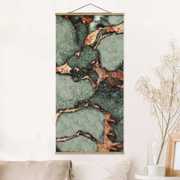 Fabric print with poster hangers - Play Of Colours Fern-Green and Gold - Portrait format 1:2