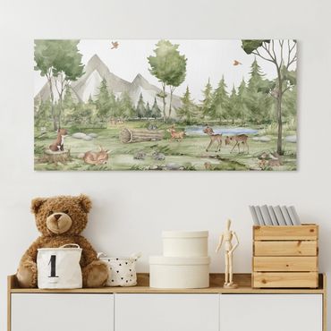 Print on canvas - Playing fawns on the river bank - Landscape format 2:1