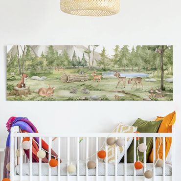 Print on canvas - Playing fawns on the river bank - Panorama 3:1