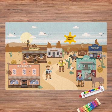 Cork mat - Playoom Mat Wild West - In Front Of The Saloon - Landscape format 3:2