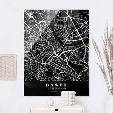 Glass print - Basel City Map - Classic Black - Portrait format