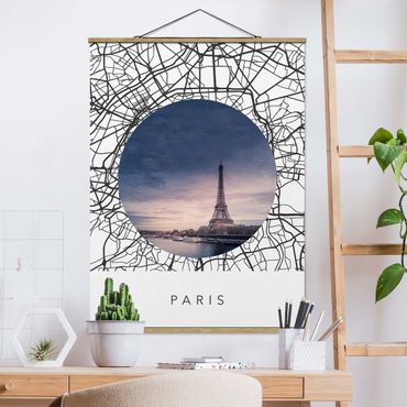 Fabric print with poster hangers - Map Collage Paris - Portrait format 3:4