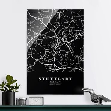 Glass print - Stuttgart City Map - Classic Black - Portrait format