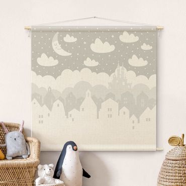 Tapestry - Starry Sky With Houses And Moon In Grey