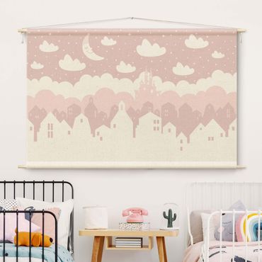 Tapestry - Starry Sky With Houses And Moon In Light Pink