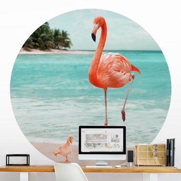 Self-adhesive round wallpaper beach - Beach With Flamingo