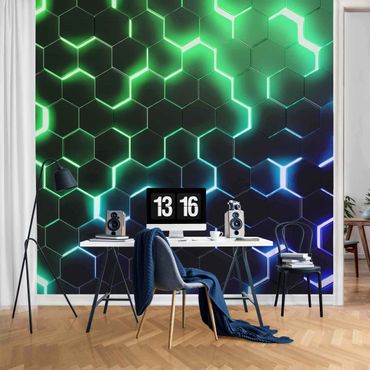 Wallpaper - Structured Hexagons With Neon Light In Green And Blue
