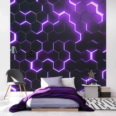 Wallpaper - Structured Hexagons With Neon Light In Purple