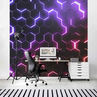 Wallpaper - Structured Hexagons With Neon Light In Pink And Purple
