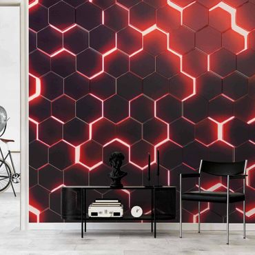 Wallpaper - Structured Hexagons With Neon Light In Red
