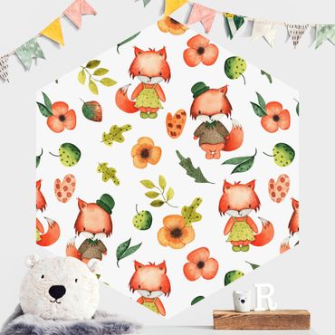 Self-adhesive hexagonal pattern wallpaper - Cute Foxes In Watercolour
