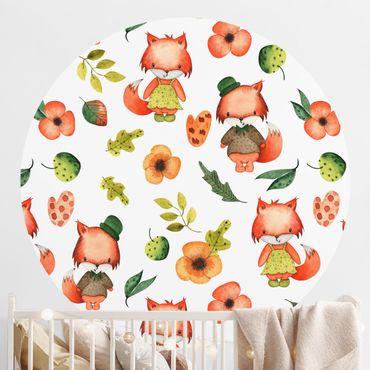 Self-adhesive round wallpaper - Cute Foxes In Watercolour