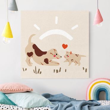 Natural canvas print - Cute Animal Illustration - Cat And Dog - Square 1:1