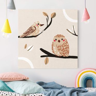 Natural canvas print - Cute Animal Illustration - Bird And Owl - Square 1:1