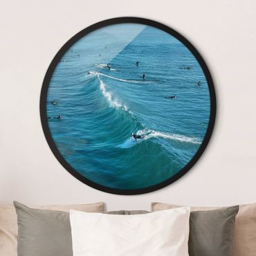 Circular framed print - Surfer At Huntington Beach