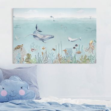 Print on canvas - Dancing whales on the coral reef - Landscape format 3:2