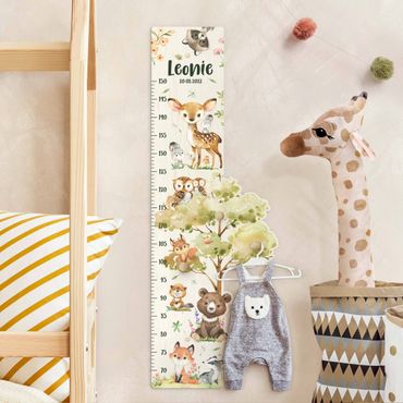 Wooden height chart for kids with hooks - Animals from the forest watercolour with custom name