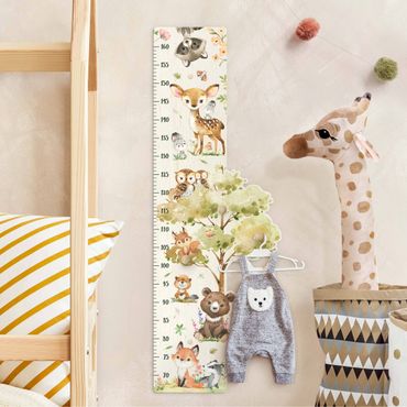 Wooden height chart for kids with hooks - Animals from the forest watercolour
