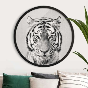 Circular framed print - Tiger Tiago Black And White