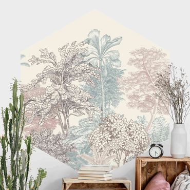Self-adhesive hexagonal wall mural - Tropical Forest With Palm Trees In Pastel