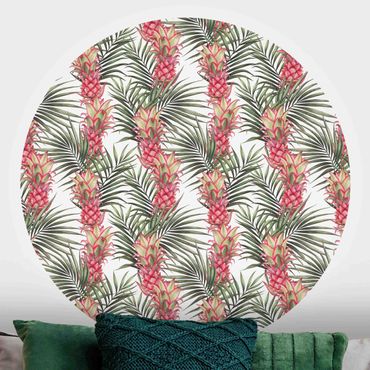 Self-adhesive round wallpaper kitchen - Tropical Pineapple With Palm Leaves