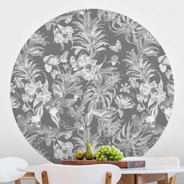Self-adhesive round wallpaper - Tropical Flowers In Front Of Grey