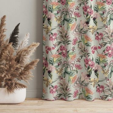 Curtain - Tropical Flowers In Front Of Mint