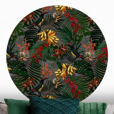 Self-adhesive round wallpaper - Tropical Ferns With Tucan Green