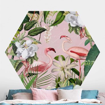 Self-adhesive hexagonal pattern wallpaper - Tropical Flamingos With Plants In Pink