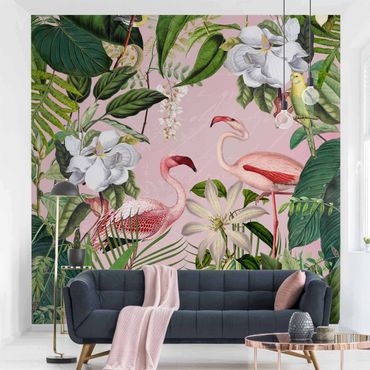 Wallpaper - Tropical Flamingos With Plants In Pink