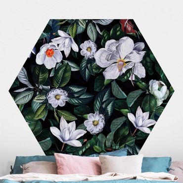 Self-adhesive hexagonal pattern wallpaper - Tropical Night With White Flowers