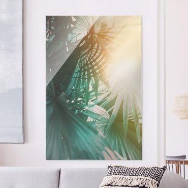 Glass print - Tropical Plants Palm Trees At Sunset  - Portrait format